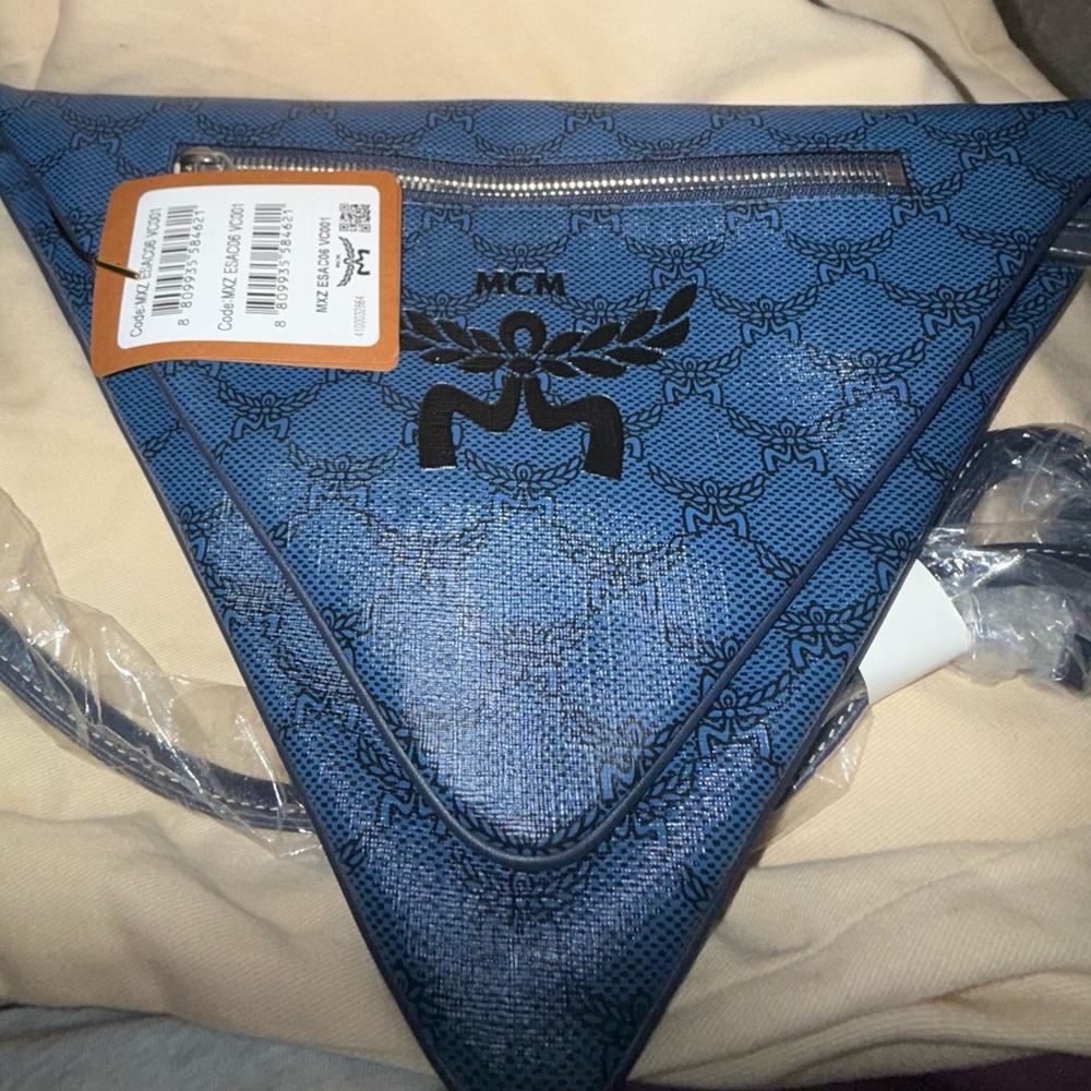MCM Blue Triangle Logo Crossbody Sling Bag